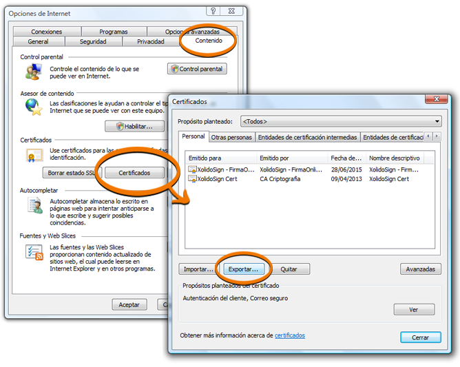 Panel de configuración de los certificados en Explorer