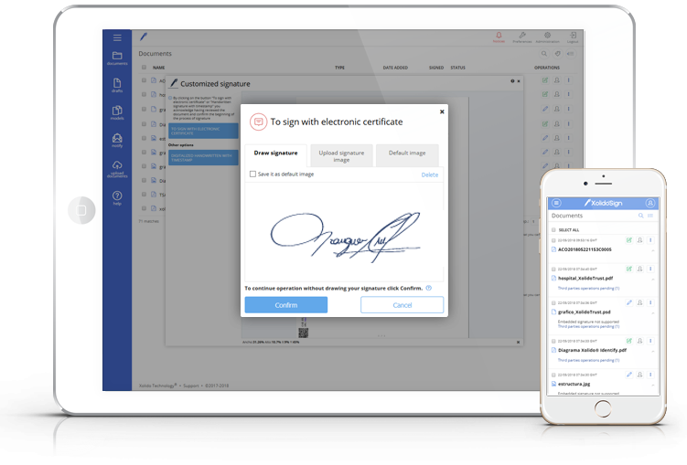 Draw your signature on your electronic device and choose among: Signature with electronic certificate or Handwritten signature with timestamp