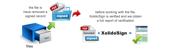 Paula has drawn a record signed file electronically. Before working with the file, is checked XolidoSign, getting a verification report we certify that the files have remained unchanged or